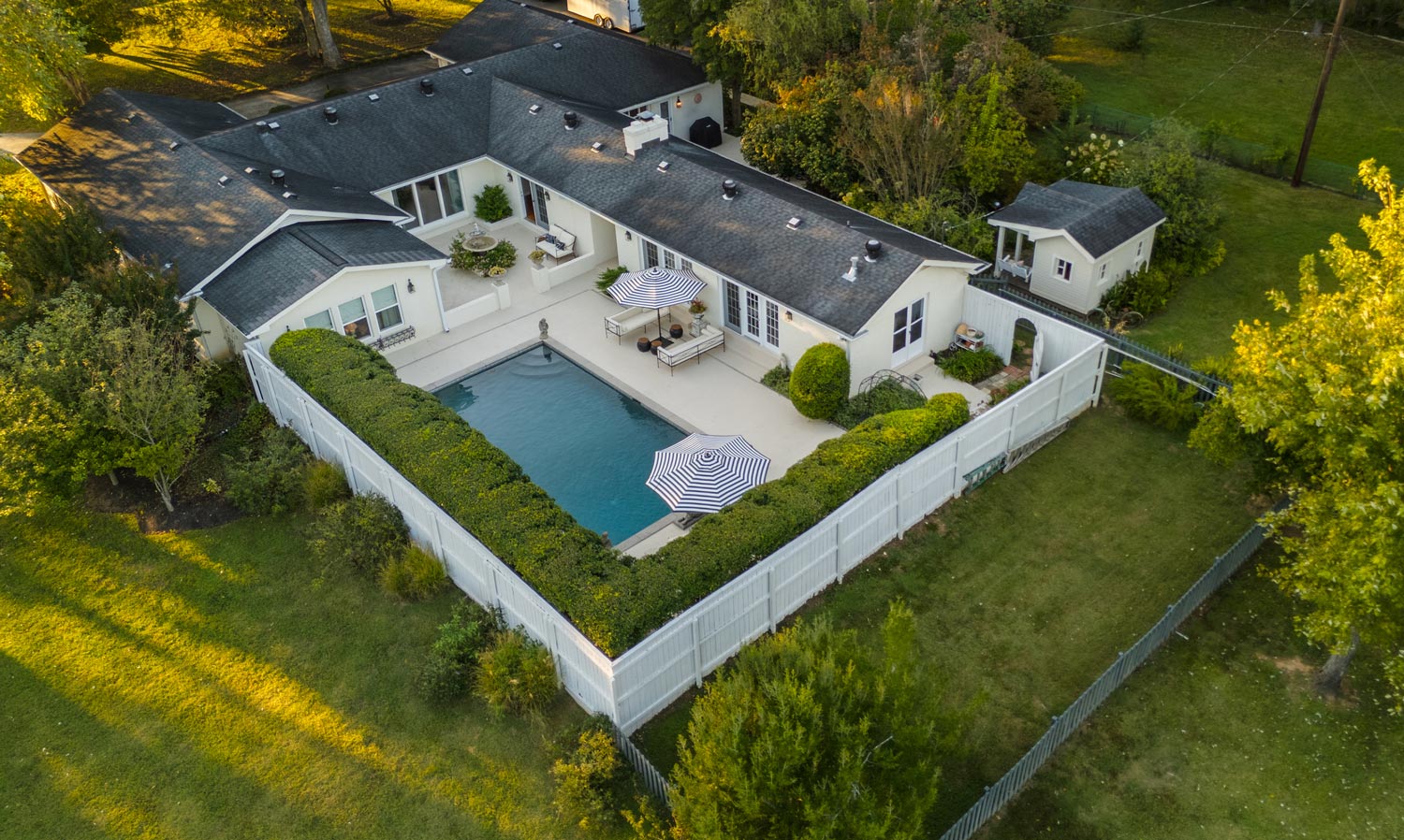 Aerial view of a fenced pool and patio, Middle Tennessee